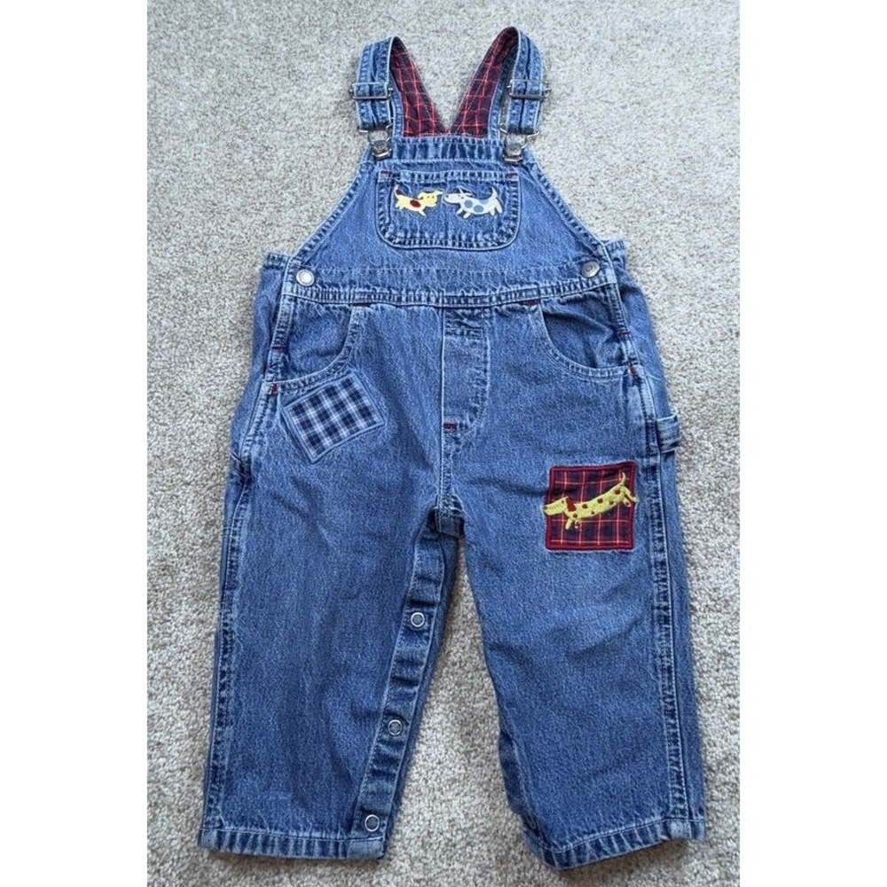Baby Gap Vintage Denim Dog Embroidered Carpenter Overalls 12-18 Months Blue